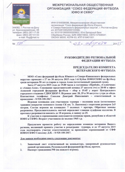 Вызов на Первый кубок ЮФО/СКФО по футболу среди ветеранов 50+